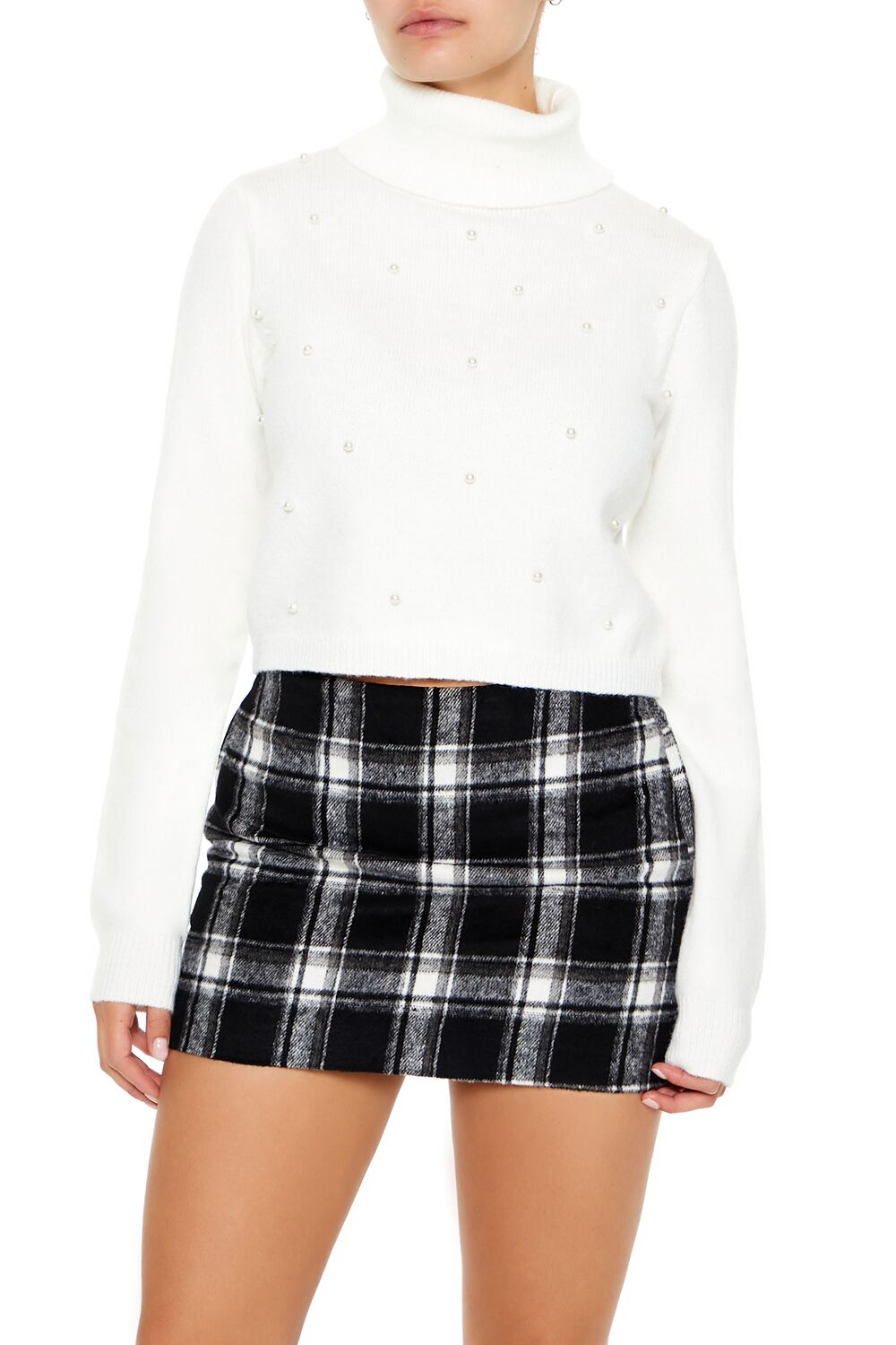 Forever 21 Faux Pearl Turtleneck Crop Sweater