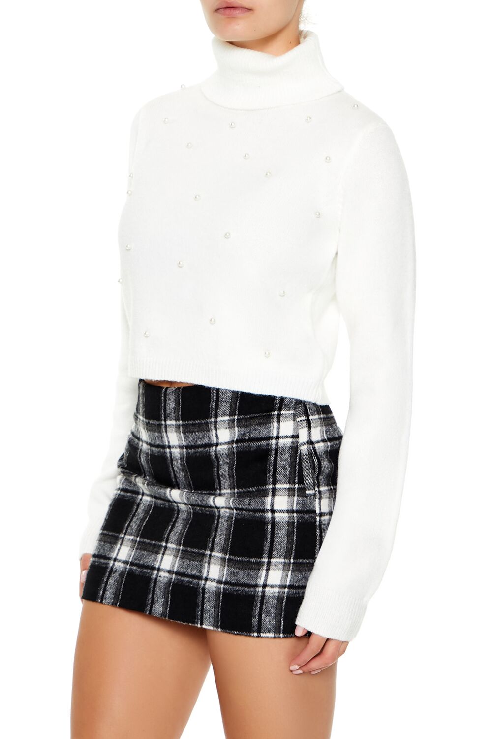Forever 21 Faux Pearl Turtleneck Crop Sweater