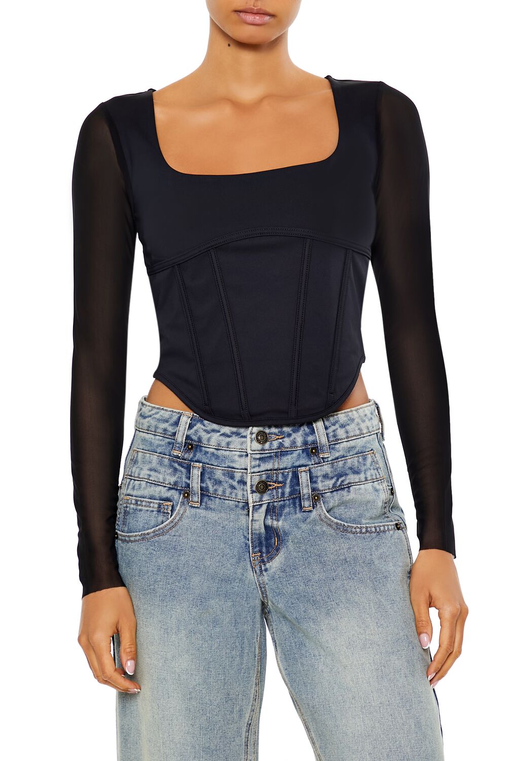Forever 21 Mesh Sleeve Corset Bustier Top