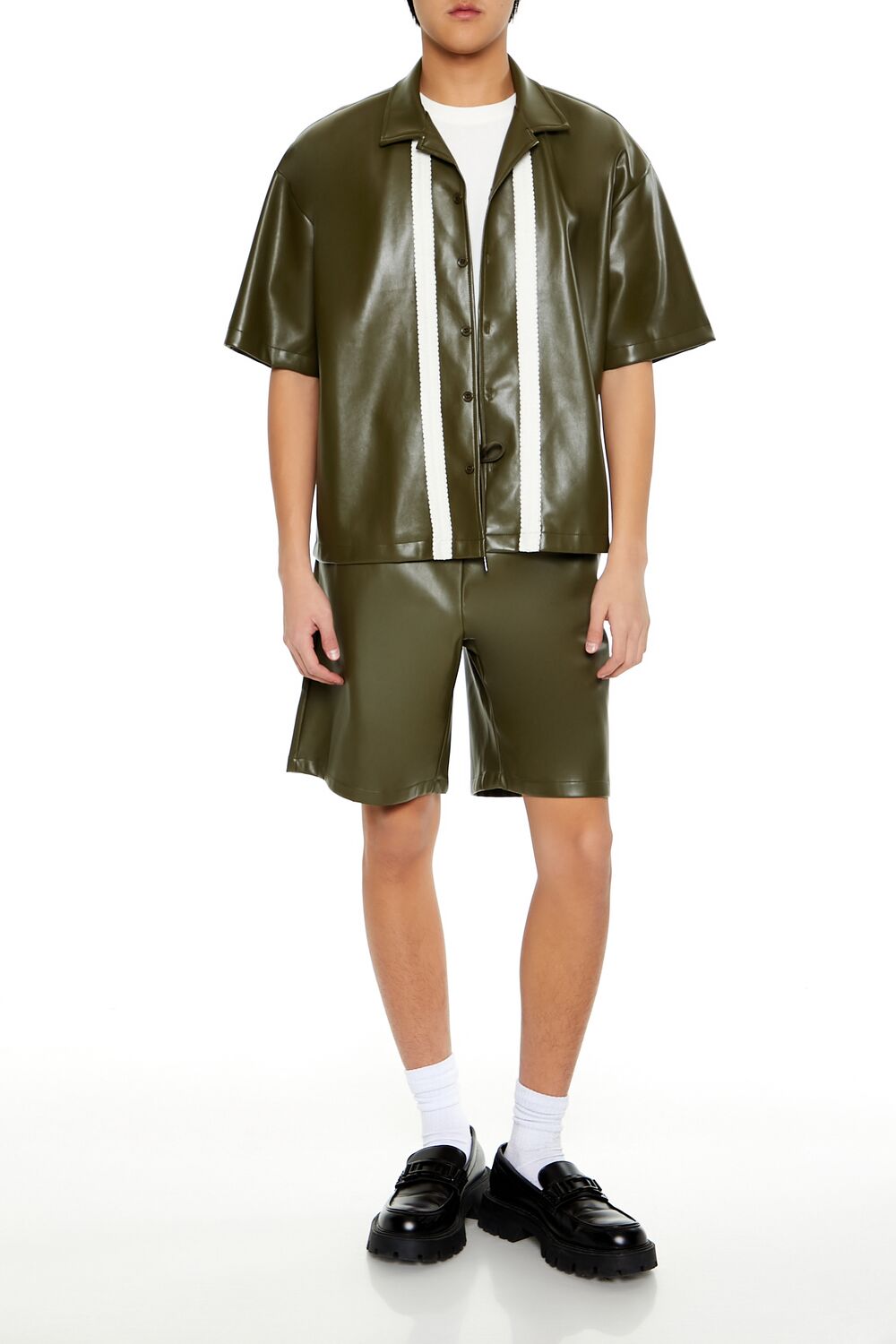Forever 21 Faux Leather Striped Camp Shirt