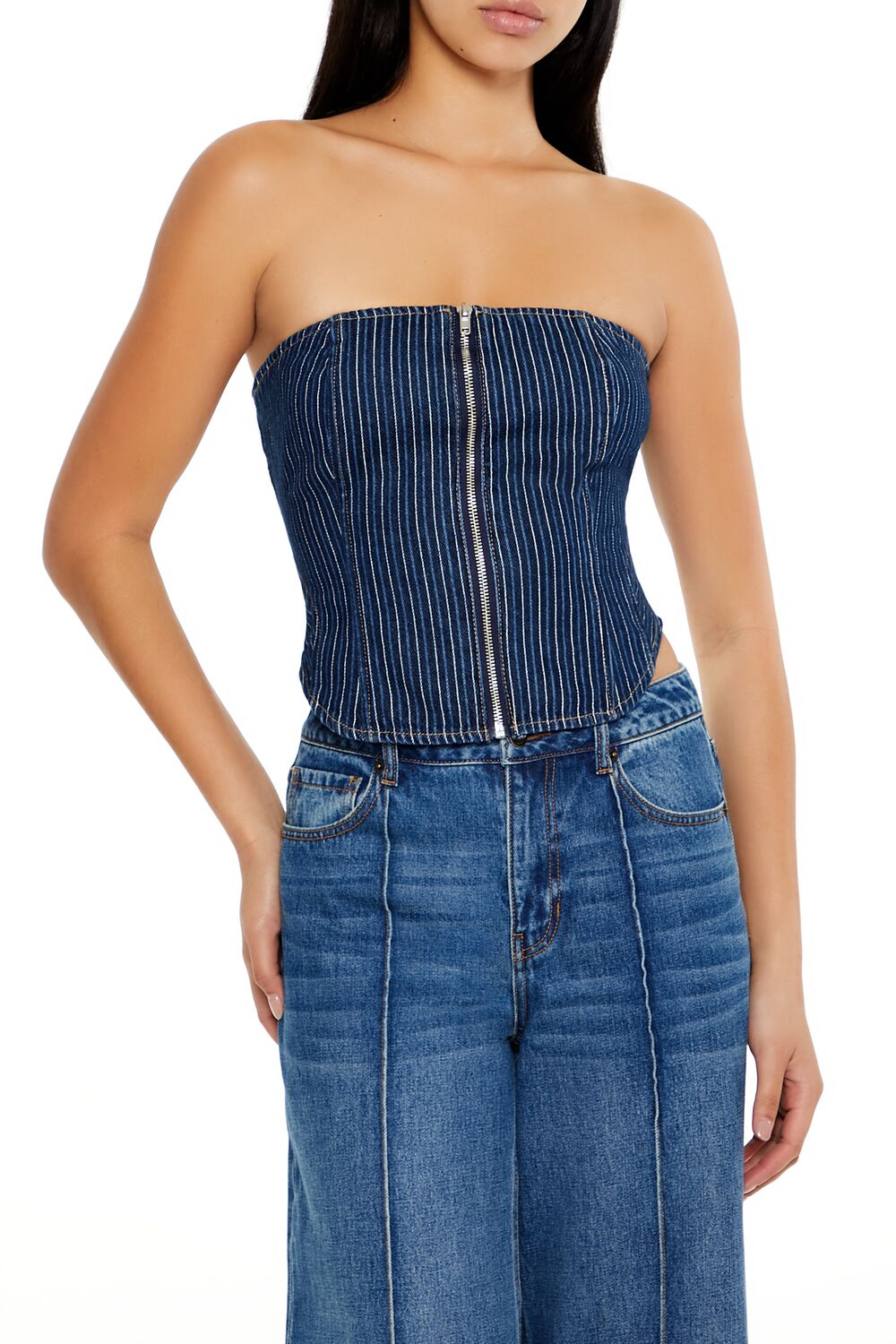 Forever 21 Pinstripe Denim Zip Tube Top