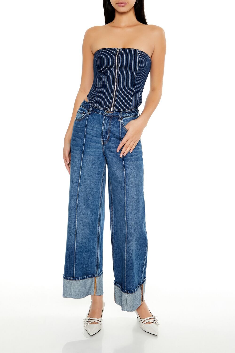 Forever 21 Pinstripe Denim Zip Tube Top