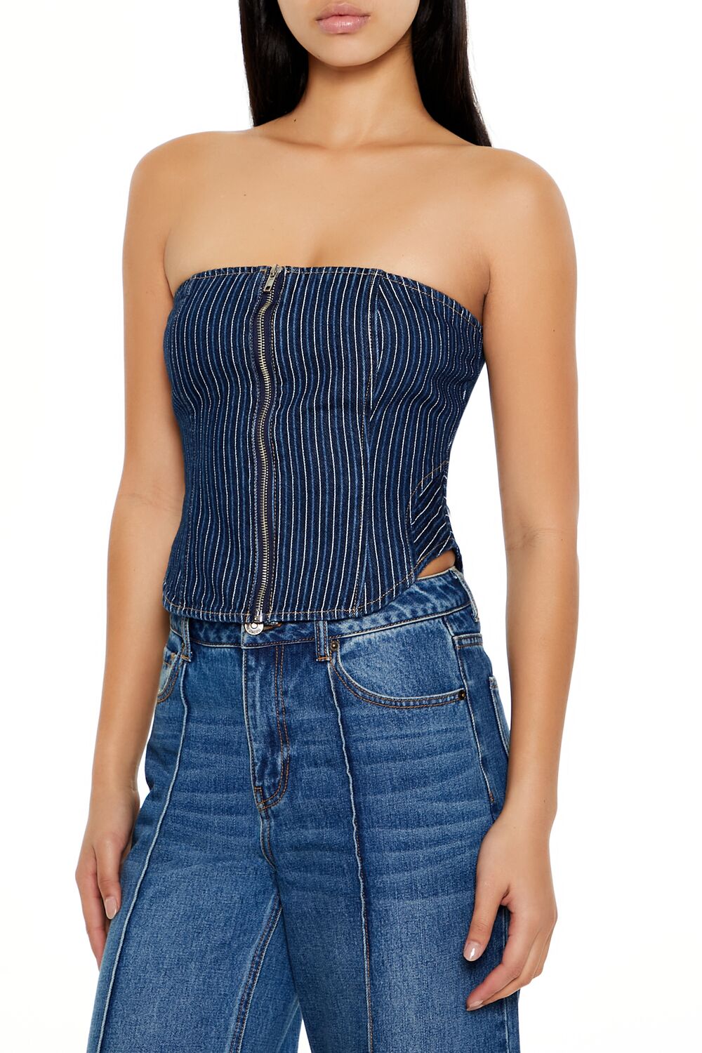 Forever 21 Pinstripe Denim Zip Tube Top