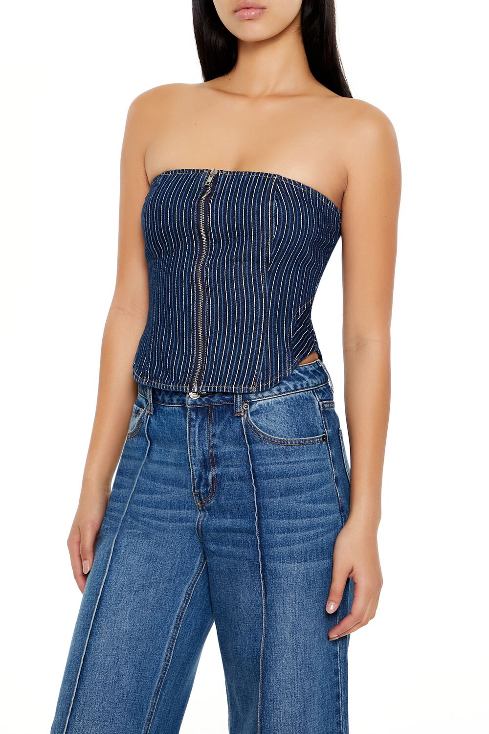 Forever 21 Pinstripe Denim Zip Tube Top