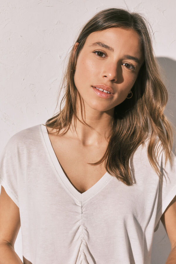 Women Secret beige viscose linen cropped t-shirt
