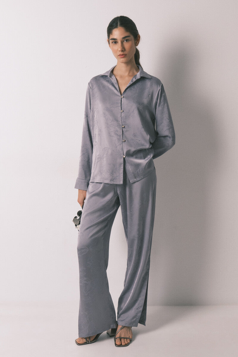 Women Secret Long classic pyjamas in grey jacquard satin