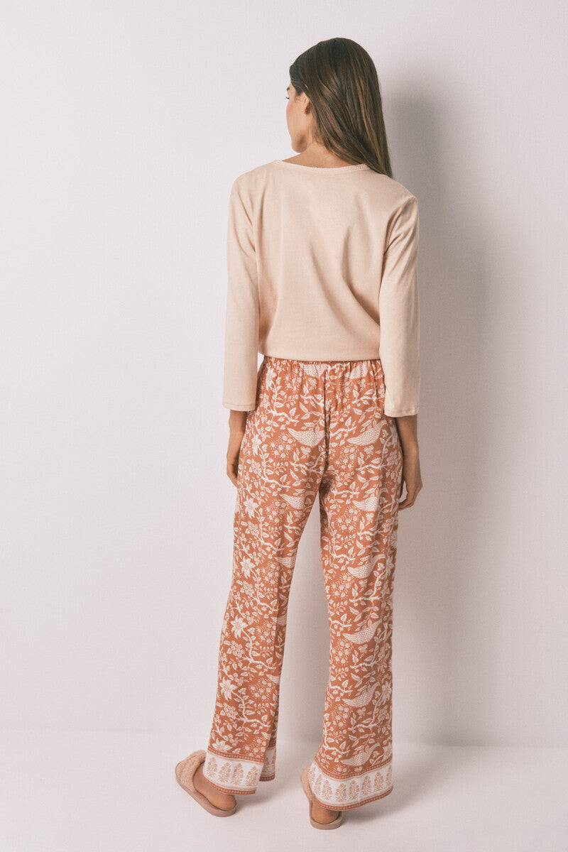 Women Secret Orange floral viscose long trousers