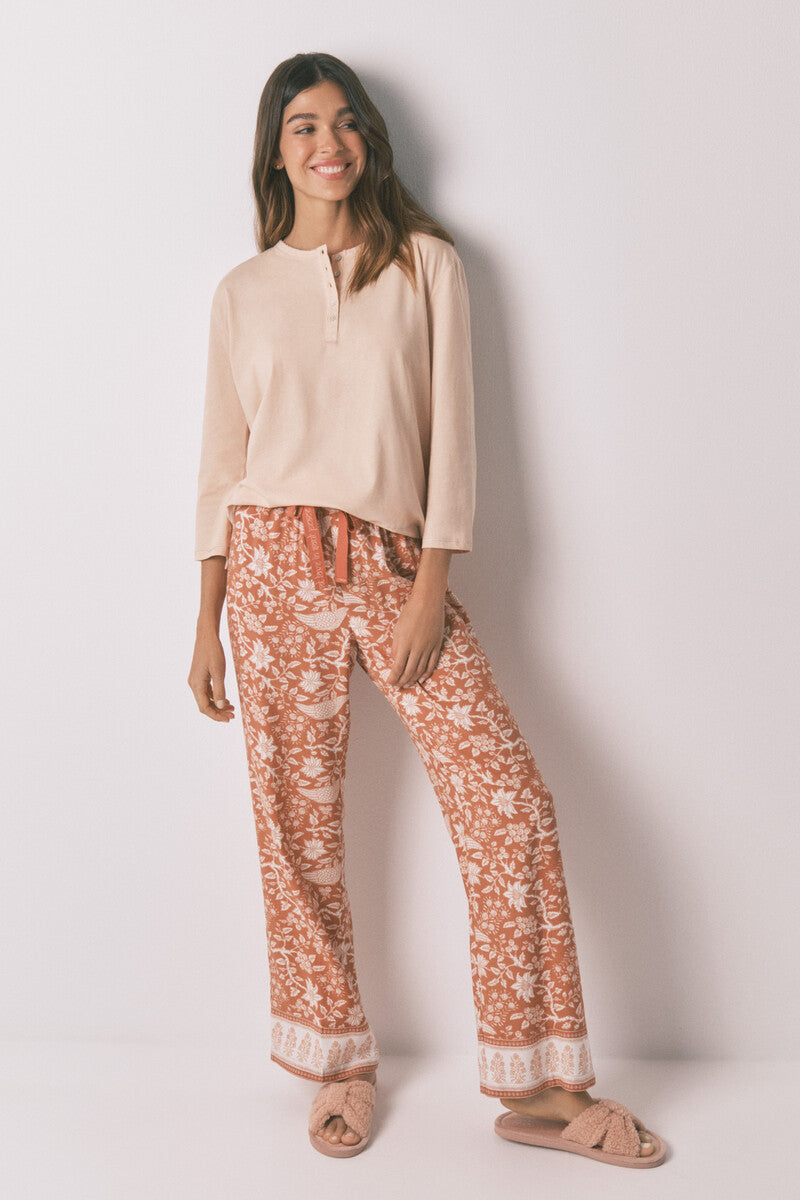 Women Secret Orange floral viscose long trousers