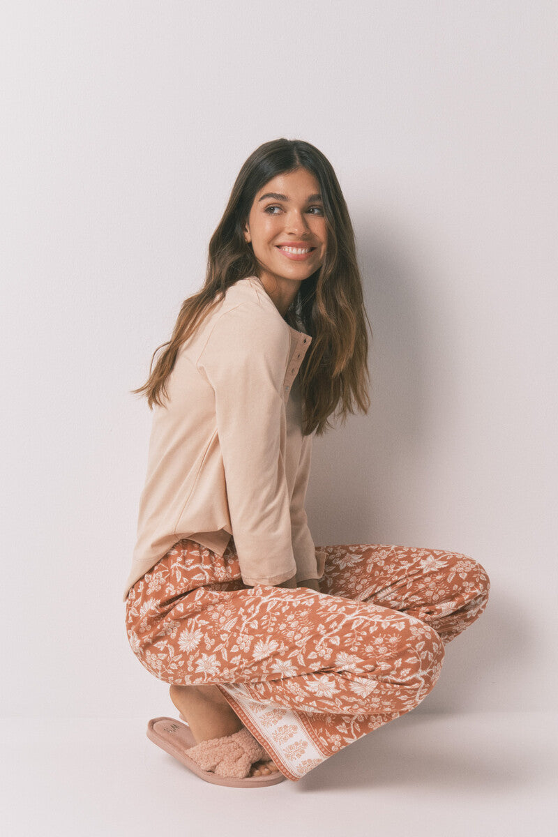 Women Secret Orange floral viscose long trousers