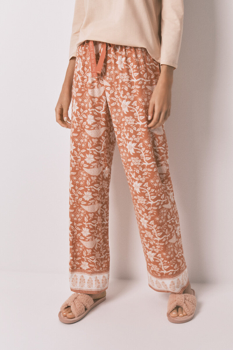 Women Secret Orange floral viscose long trousers