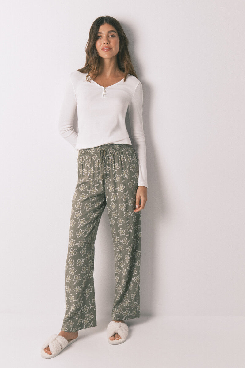 Women Secret Long viscose floral khaki trousers