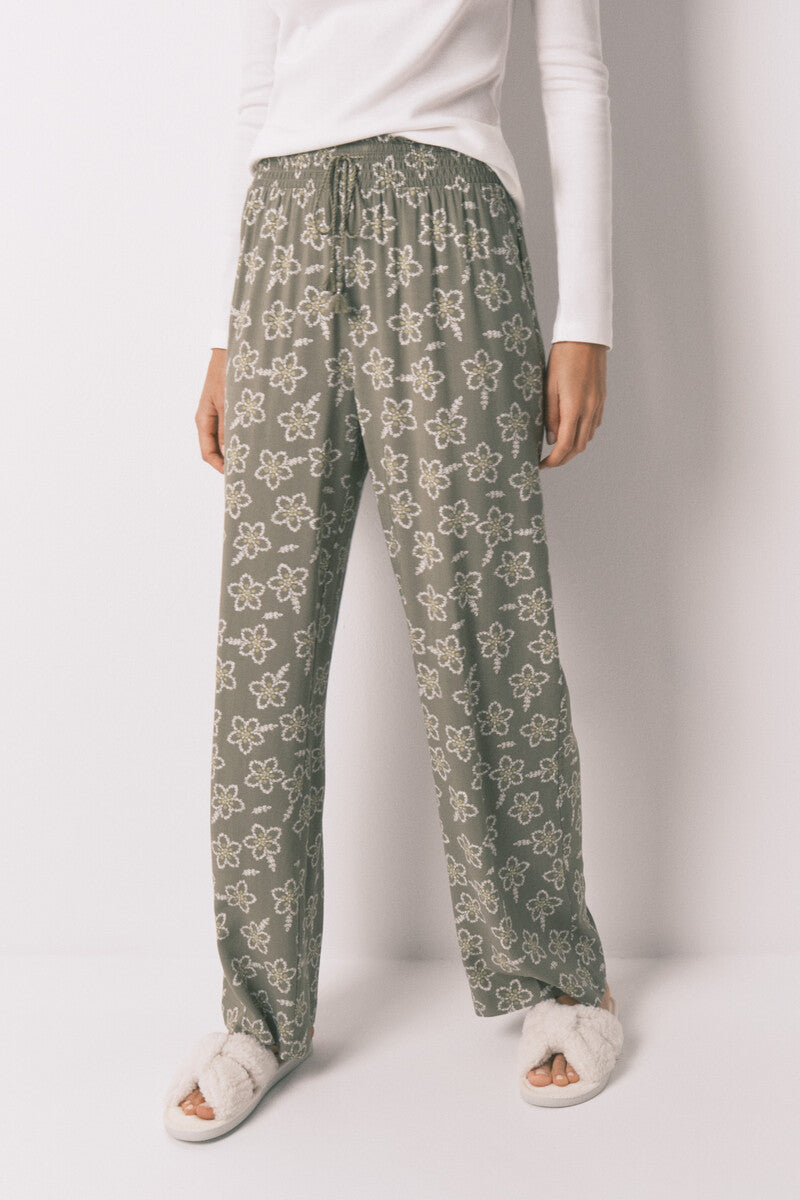 Women Secret Long viscose floral khaki trousers