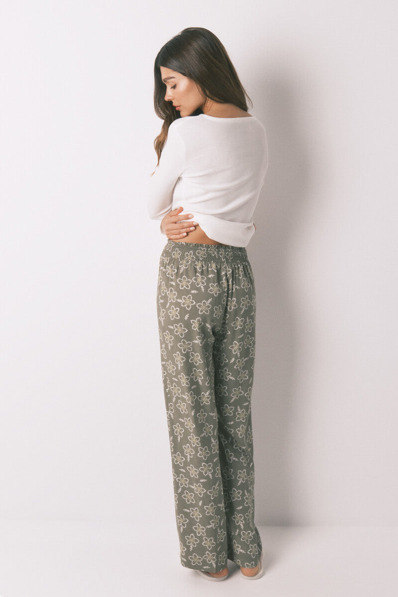 Women Secret Long viscose floral khaki trousers