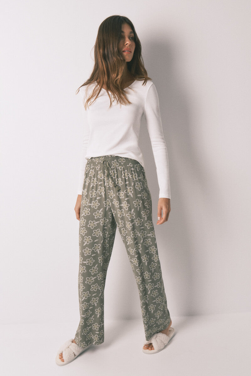 Women Secret Long viscose floral khaki trousers