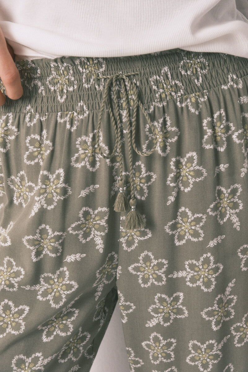 Women Secret Long viscose floral khaki trousers