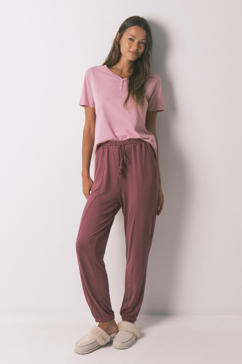 Women Secret Long soft knit trousers in burgundy