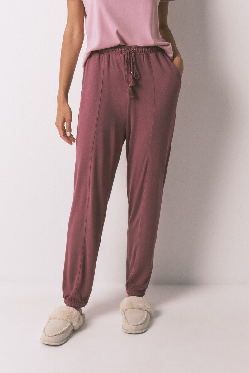 Women Secret Long soft knit trousers in burgundy