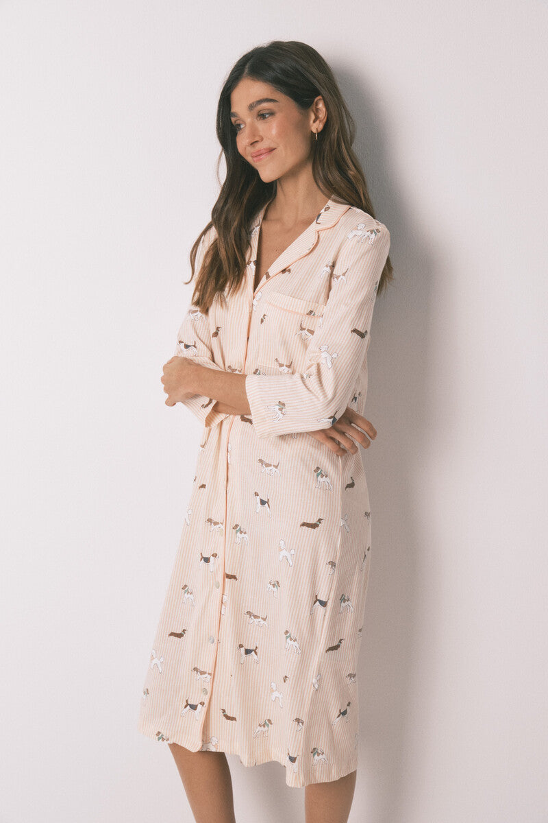 Women Secret Striped and dog print 100% cotton midi nightgown
