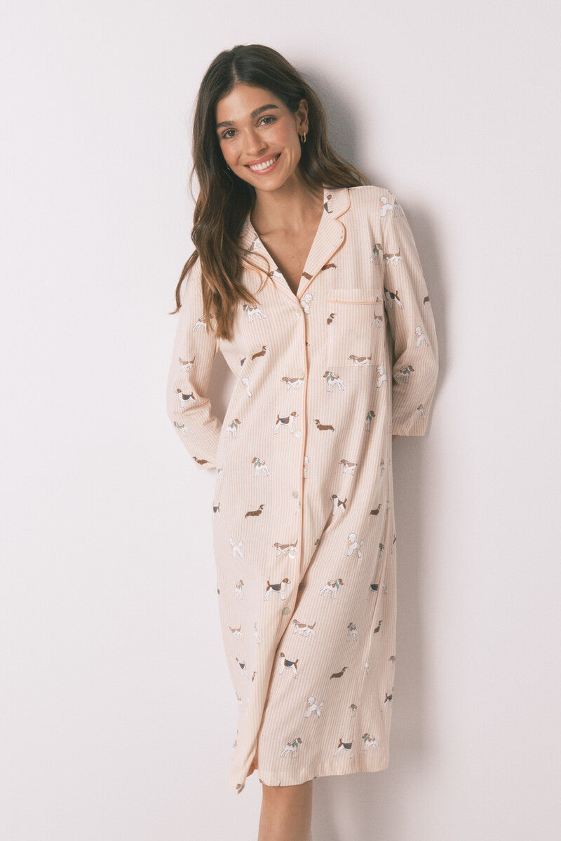 Women Secret Striped and dog print 100% cotton midi nightgown