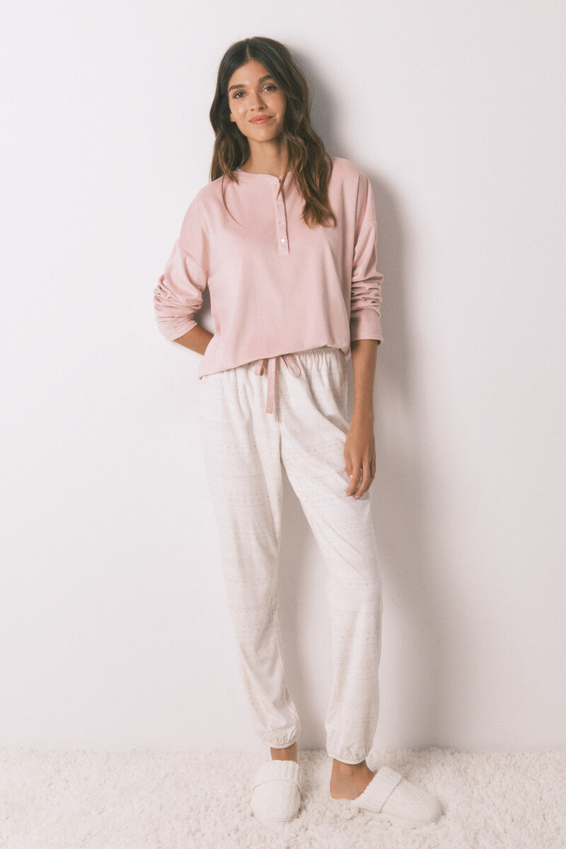Women Secret Soft fleece long pajamas with pink trim