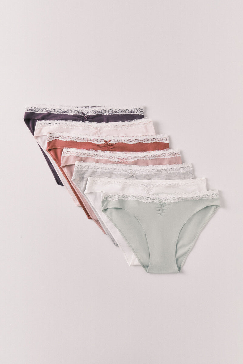 Women Secret Pack of 7 classic cotton panties with lace and bow