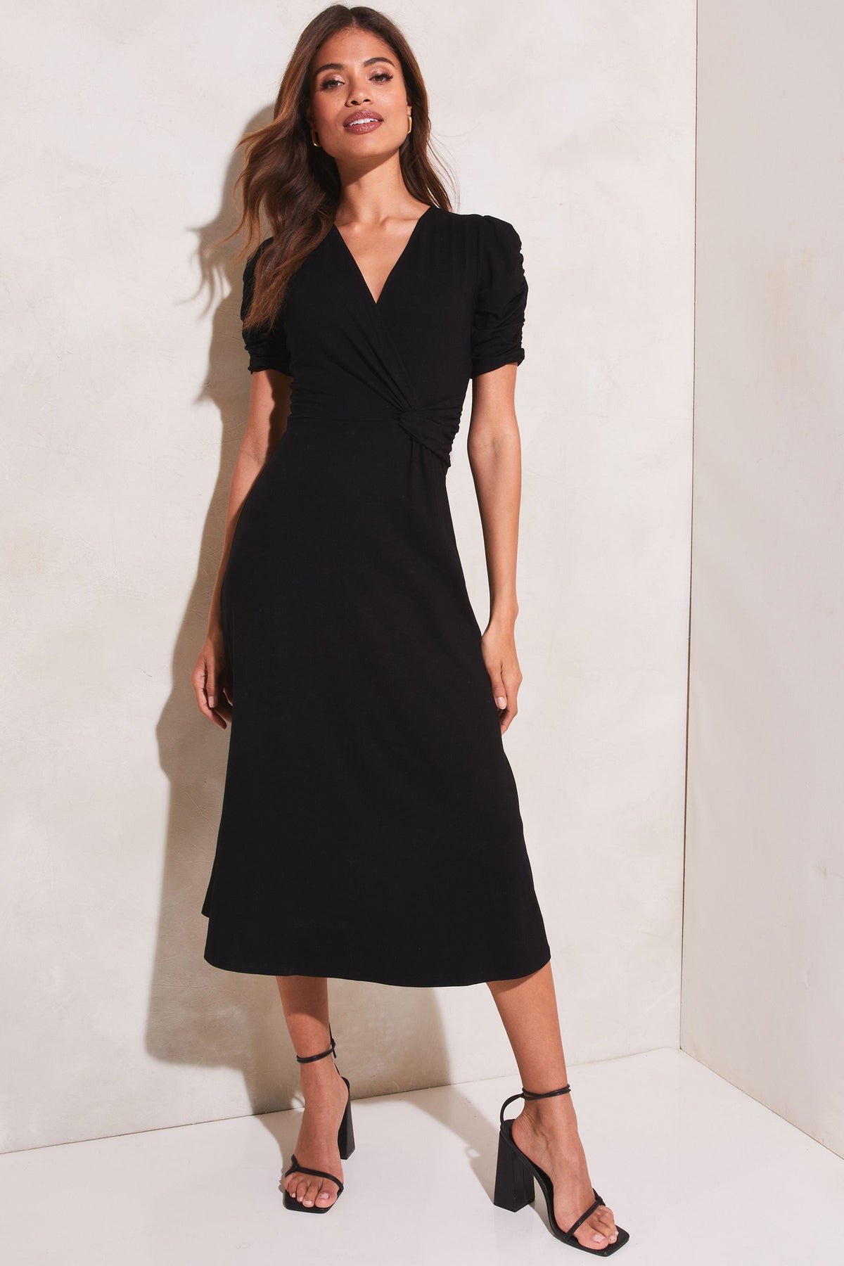 Lipsy London Ruched-Sleeve Wrap Midi Dress