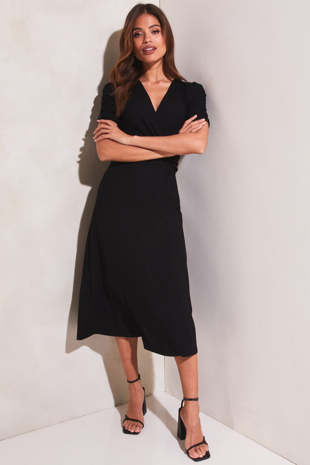 Lipsy London Ruched-Sleeve Wrap Midi Dress