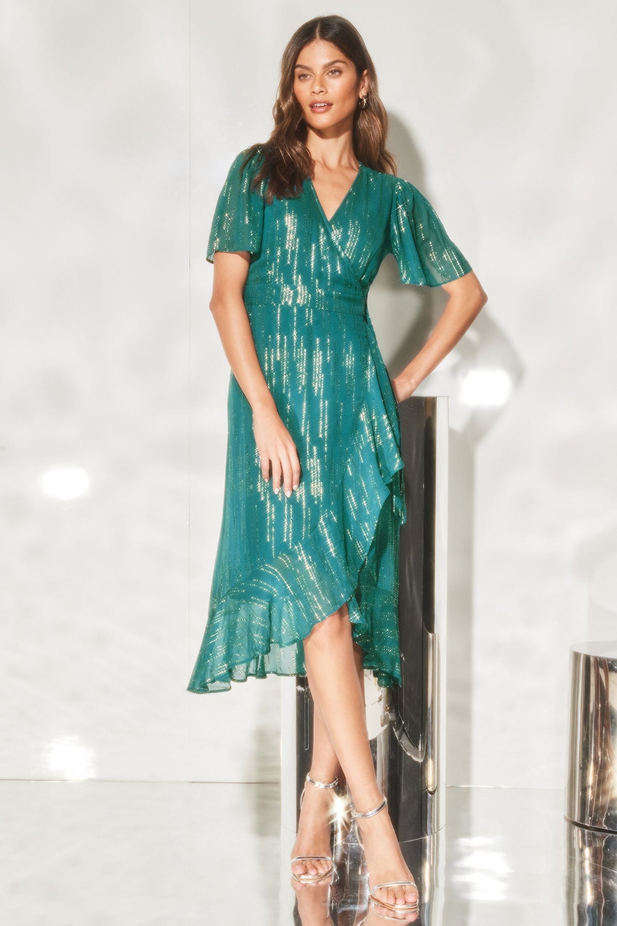 Lipsy London Metallic Flutter-Sleeve Midi Dress