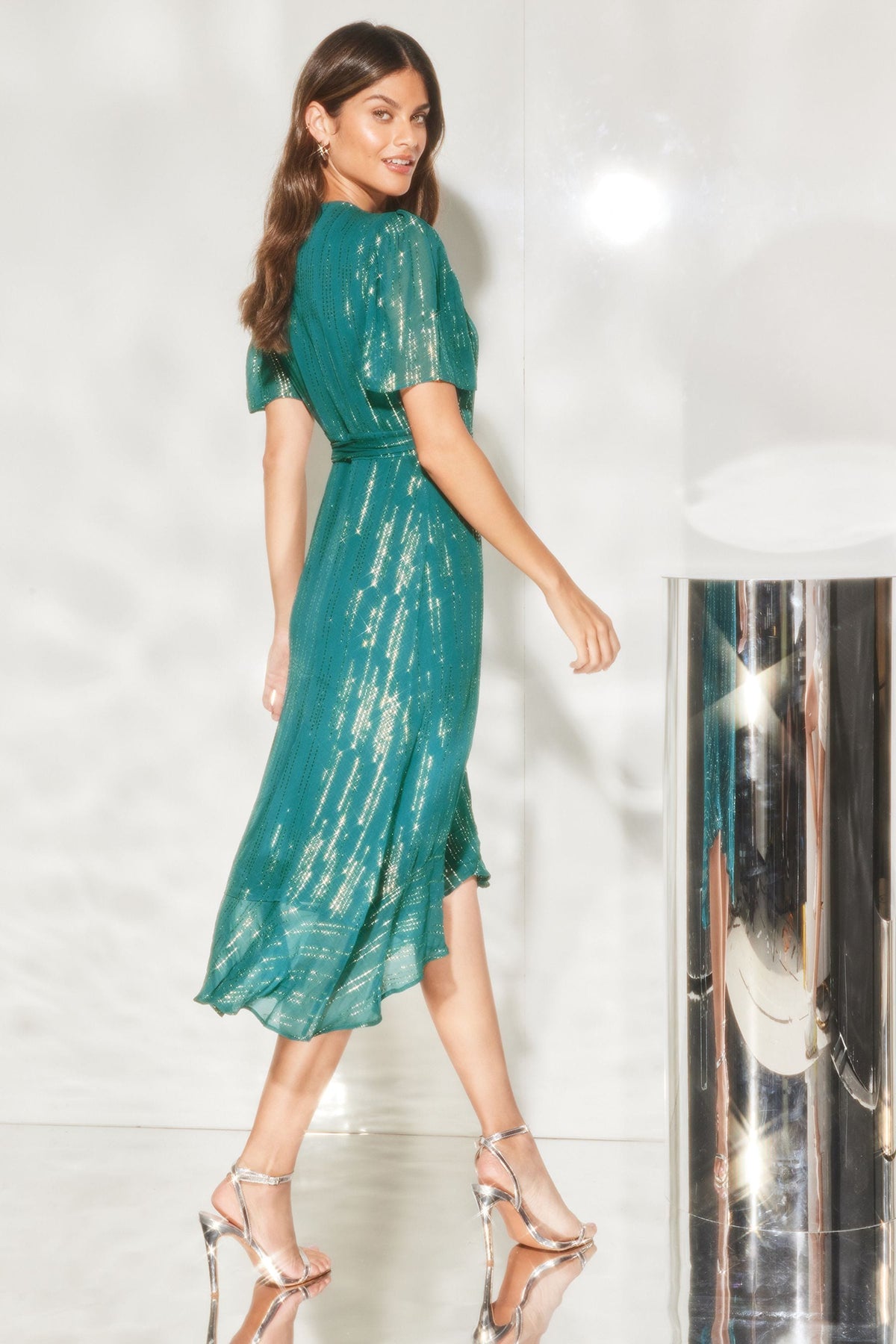 Lipsy London Metallic Flutter-Sleeve Midi Dress