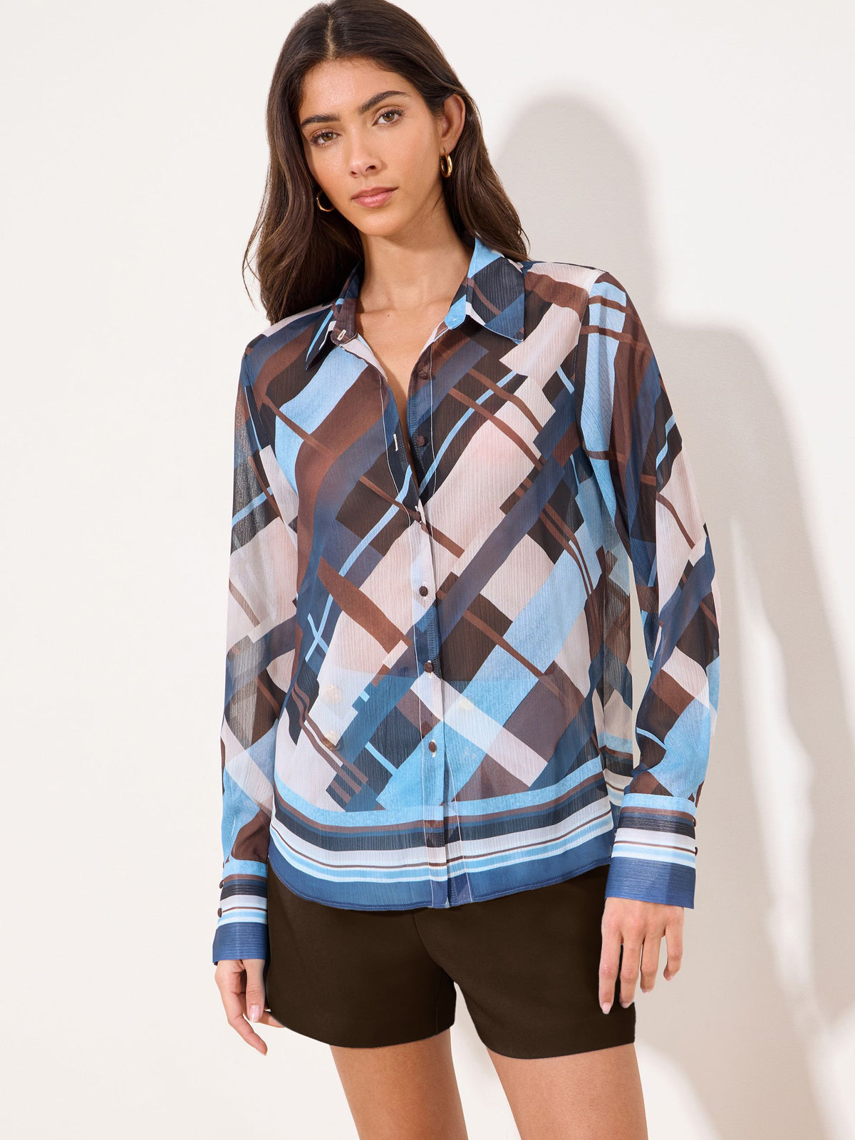 Lipsy London Lipsy Blue Brown Check Chiffon Printed Shirt