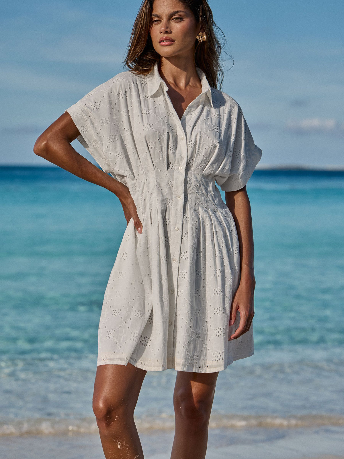 Lipsy London Lipsy White Short Sleeve Broderie Mini Shirt Dress