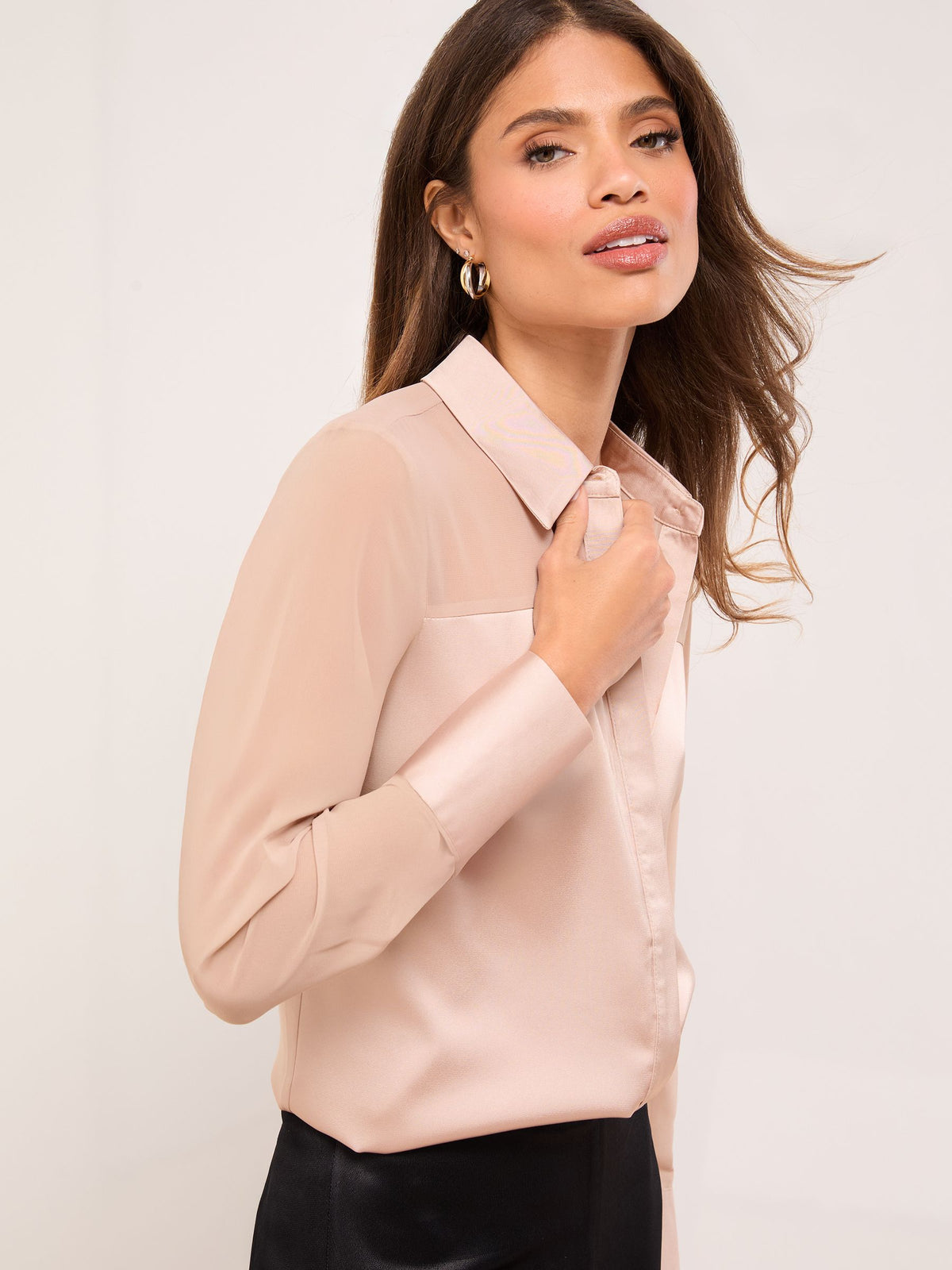 Lipsy London Lipsy Champagne Gold Long Sleeve Satin Chiffon Mix Shirt