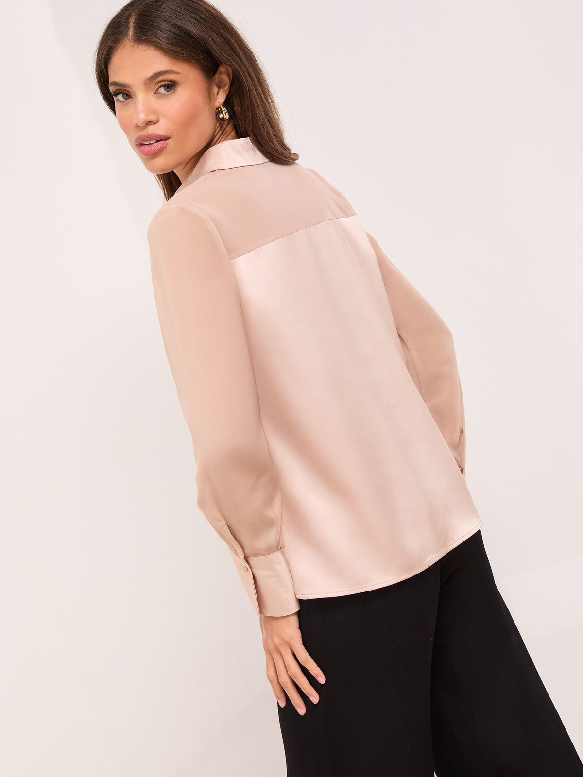 Lipsy London Lipsy Champagne Gold Long Sleeve Satin Chiffon Mix Shirt