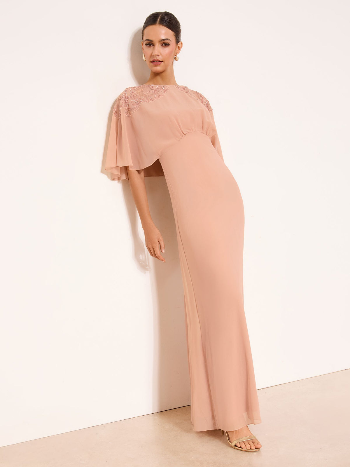 Lipsy London Lipsy Nude EID Embellished Shoulder Cape Maxi Dress