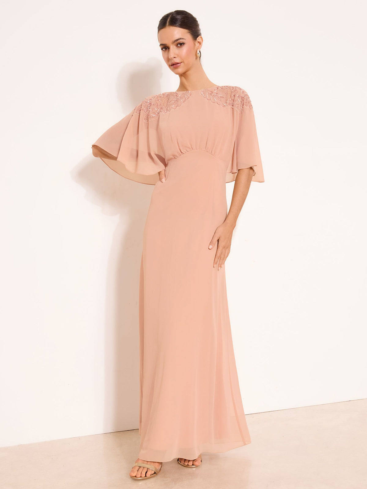 Lipsy London Lipsy Nude EID Embellished Shoulder Cape Maxi Dress