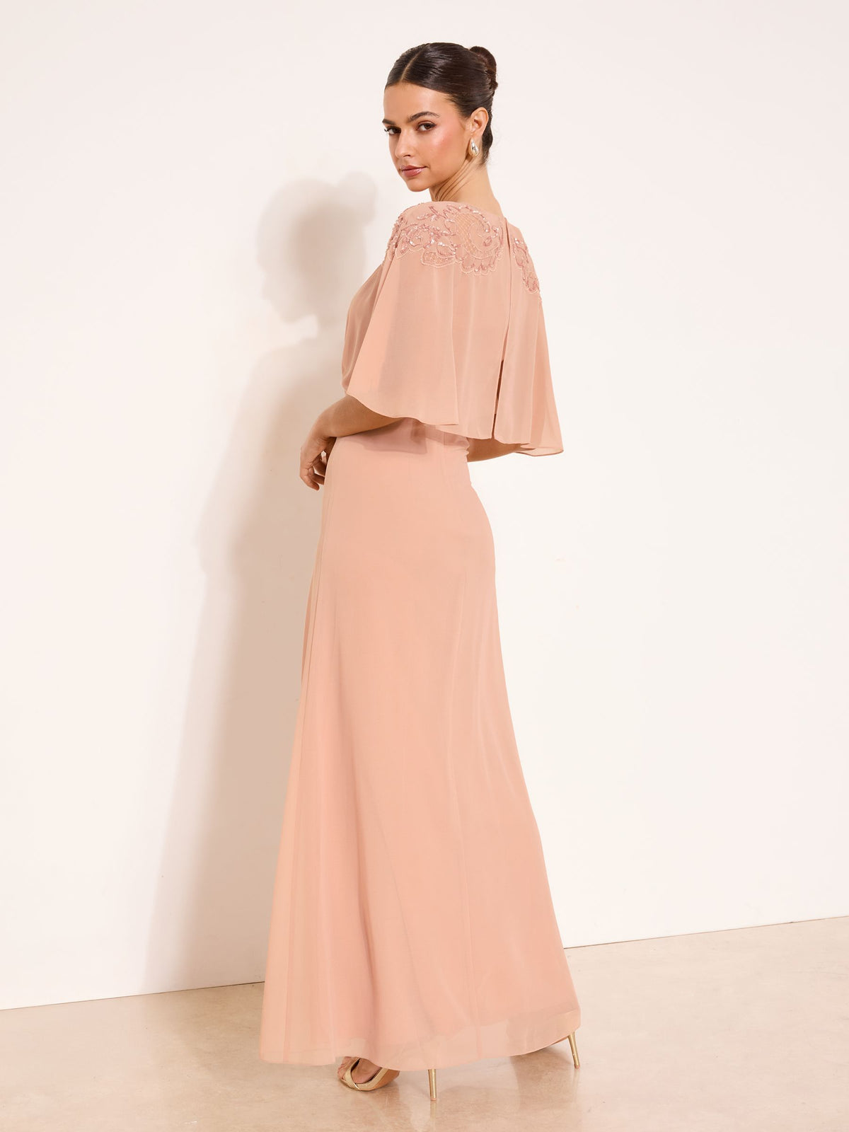Lipsy London Lipsy Nude EID Embellished Shoulder Cape Maxi Dress