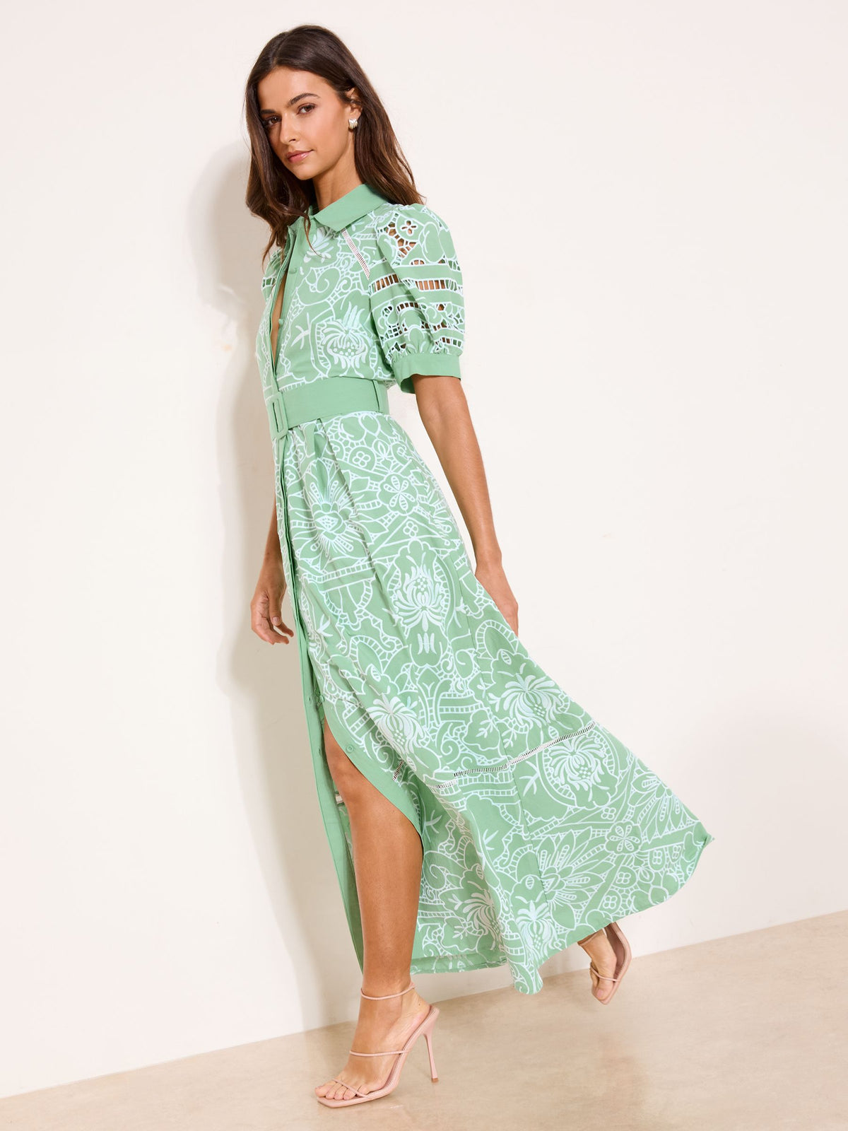 Lipsy London Lipsy Mint Green Premium Belted Puff Sleeve Embroidery Shirt Midi Dress