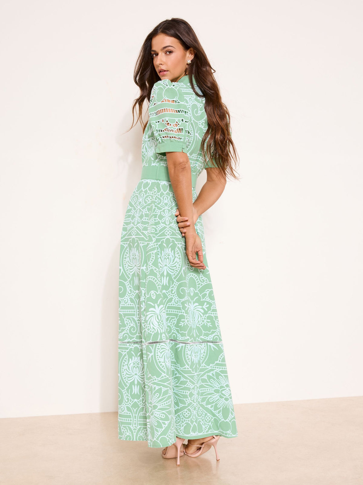 Lipsy London Lipsy Mint Green Premium Belted Puff Sleeve Embroidery Shirt Midi Dress