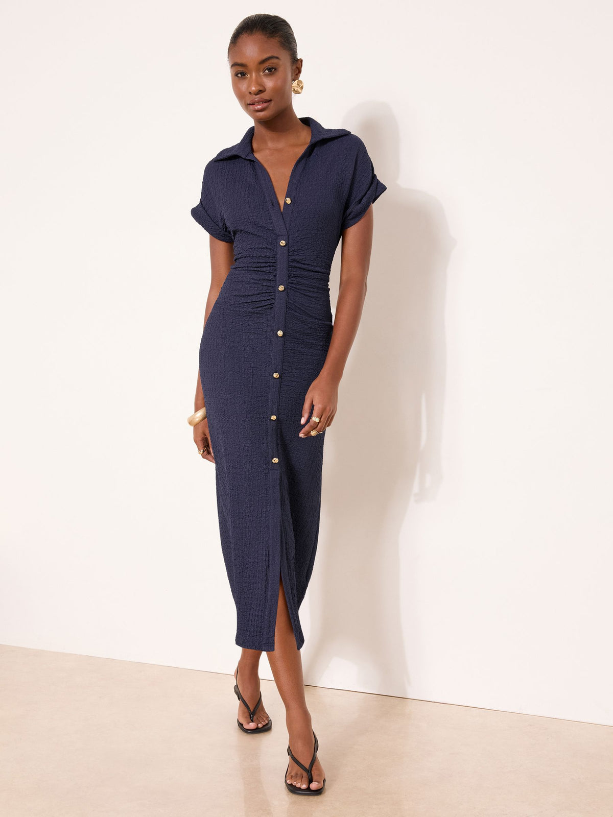 Lipsy London Lipsy Navy Short Sleeve Textured Midi Shirt Dress