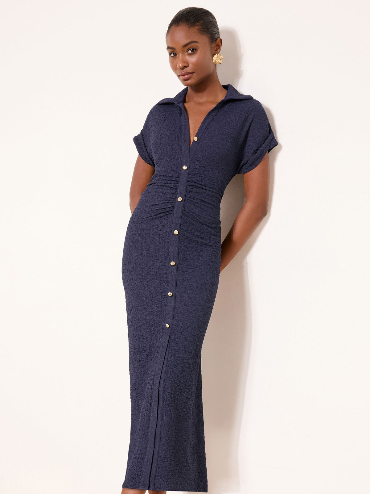 Lipsy London Lipsy Navy Short Sleeve Textured Midi Shirt Dress