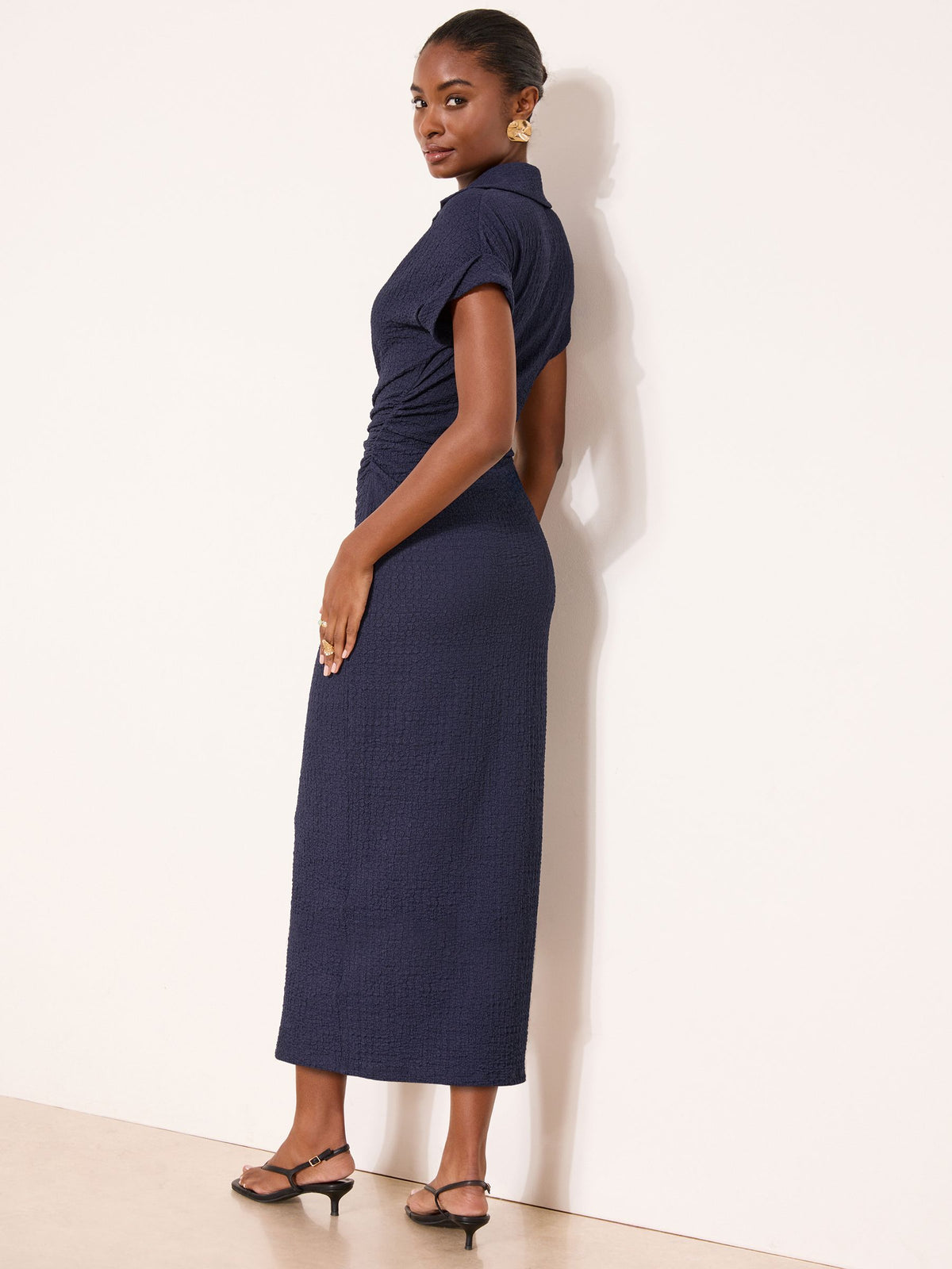 Lipsy London Lipsy Navy Short Sleeve Textured Midi Shirt Dress