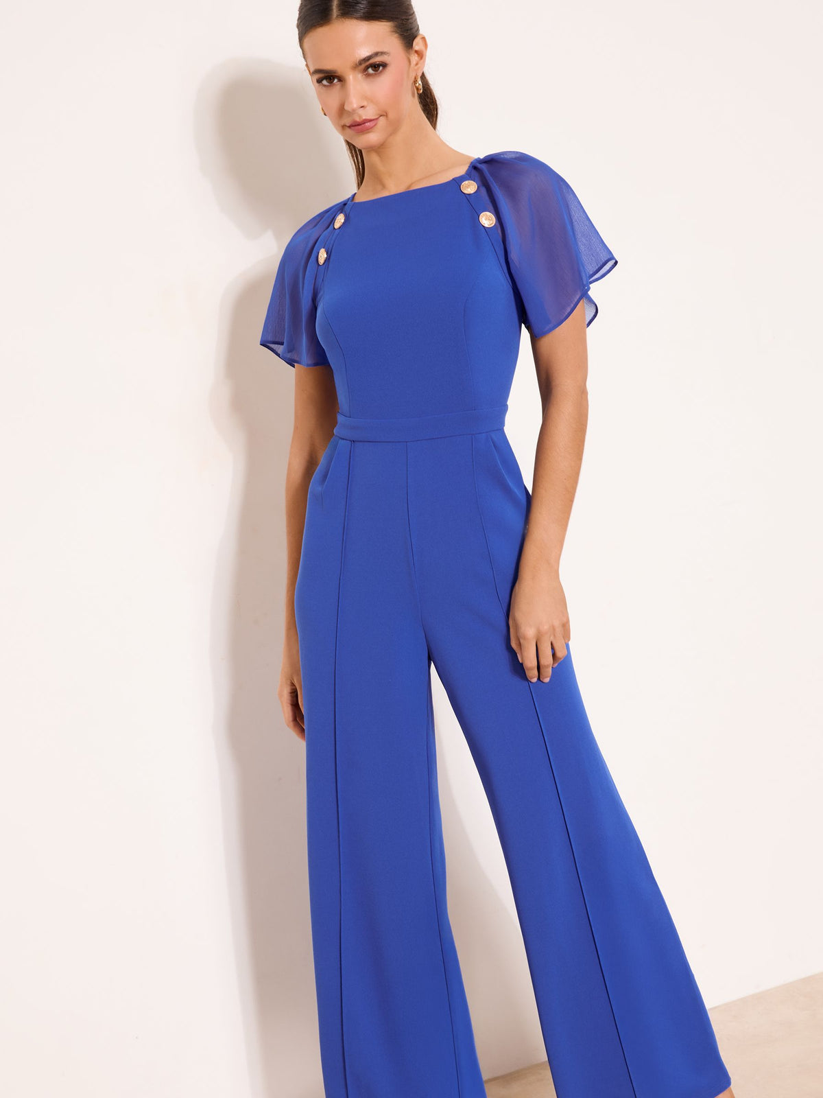 Lipsy London Lipsy Blue Chiffon Flutter Sleeve Miltary Button Jumpsuit
