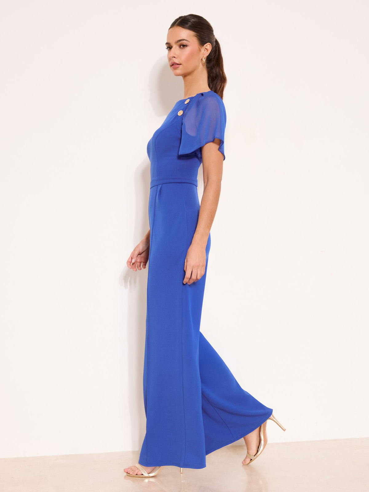 Lipsy London Lipsy Blue Chiffon Flutter Sleeve Miltary Button Jumpsuit