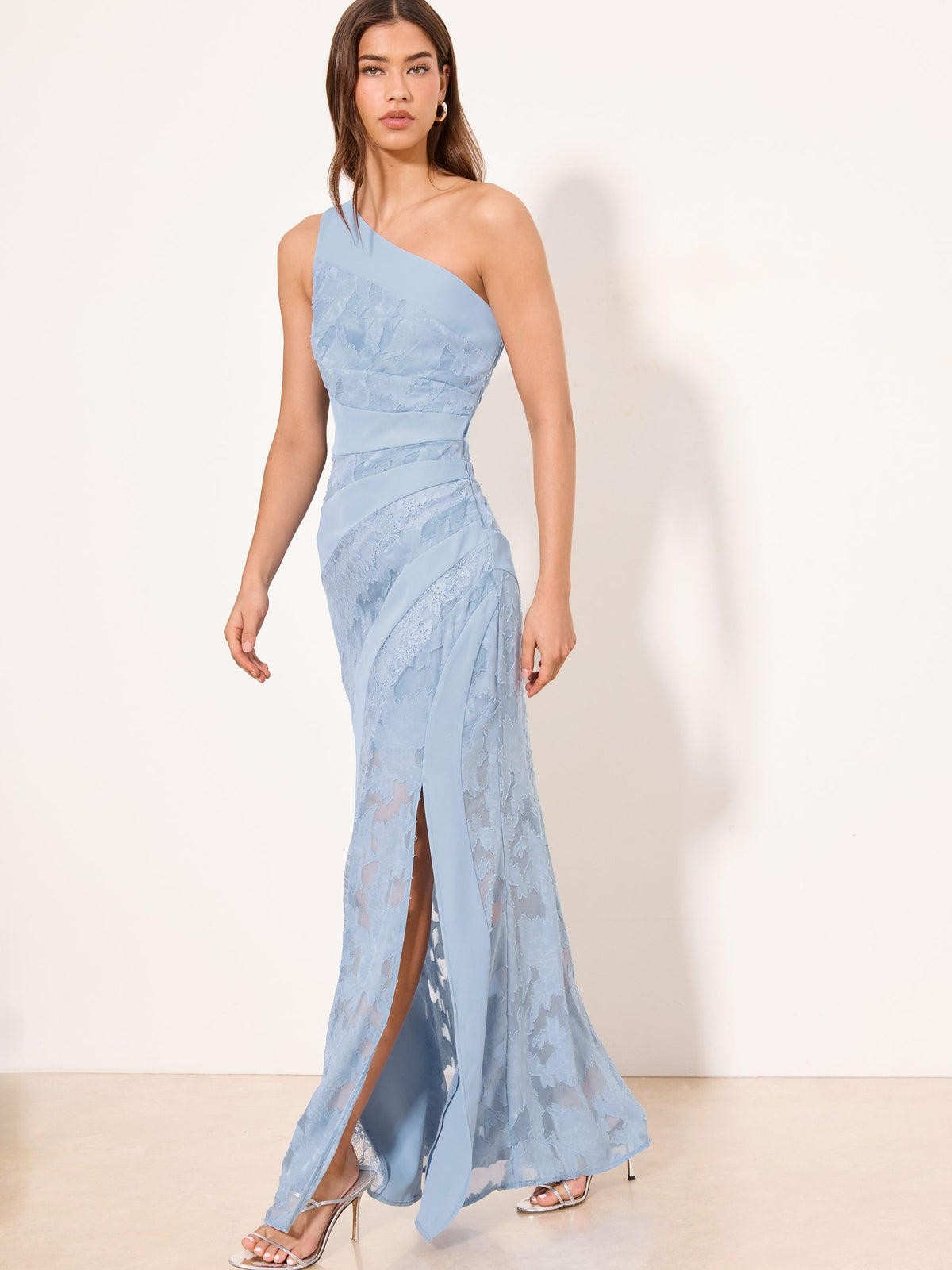 Lipsy London Lipsy Light Blue One Shoulder Lace Detail Maxi Dress