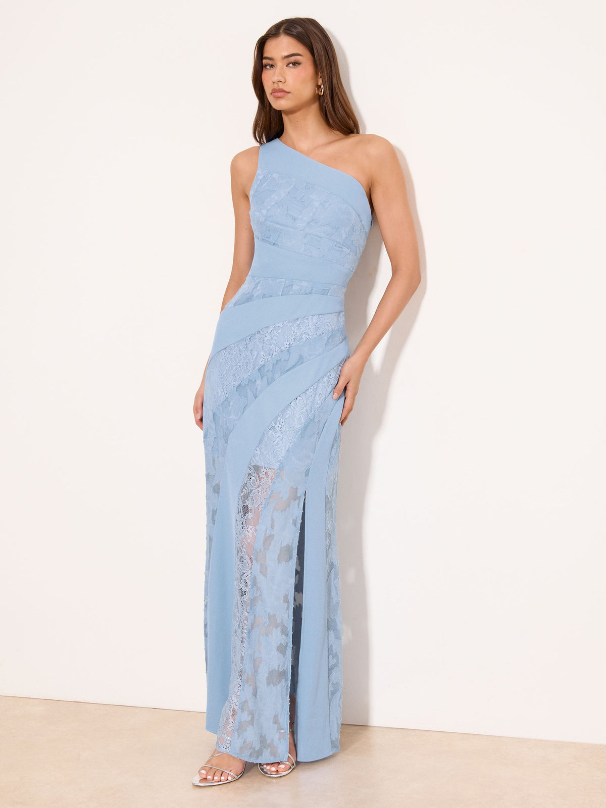 Lipsy London Lipsy Light Blue One Shoulder Lace Detail Maxi Dress