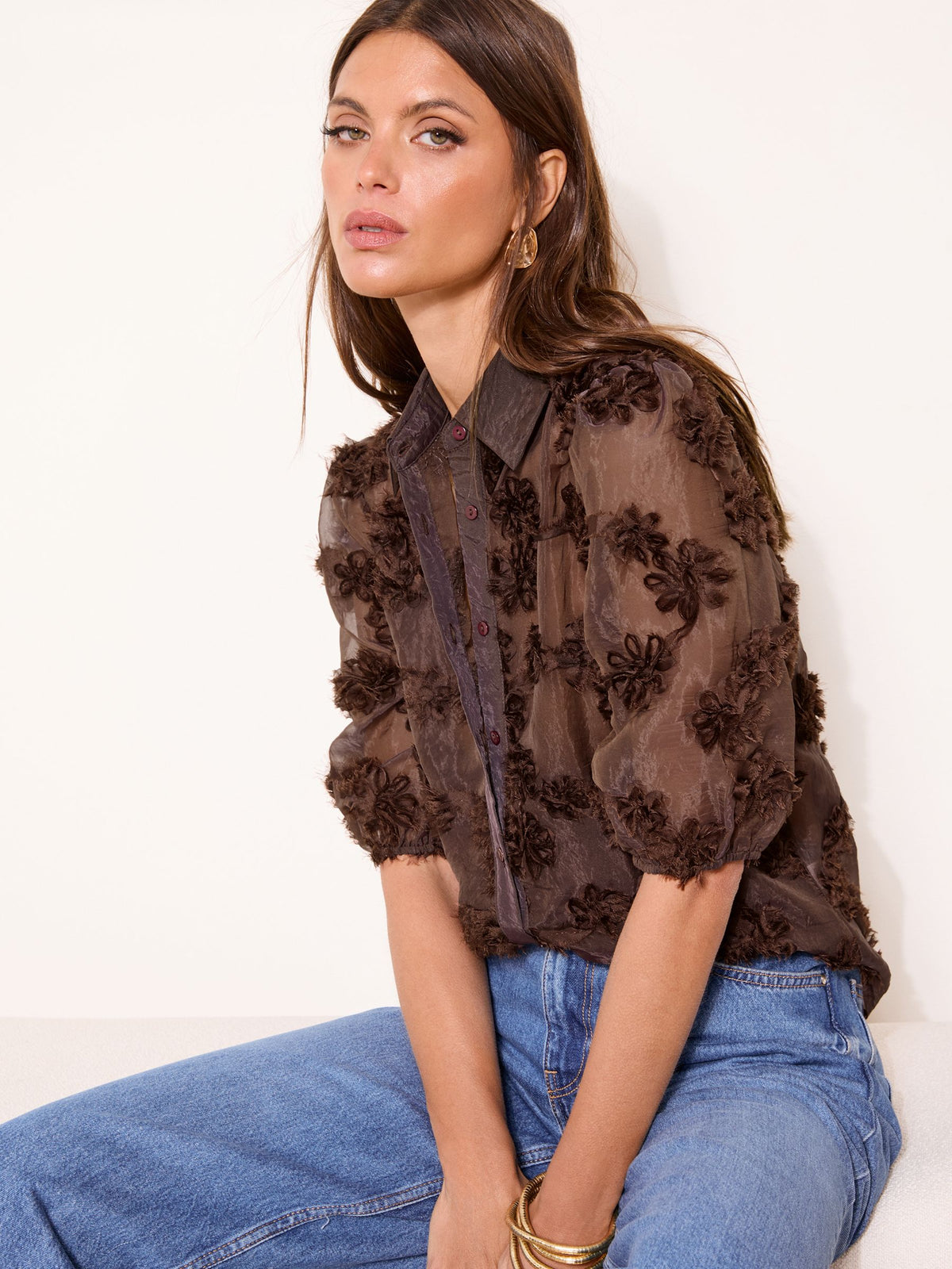 Lipsy London Lipsy Chocolate Brown 3D Fabric Floral Shirt