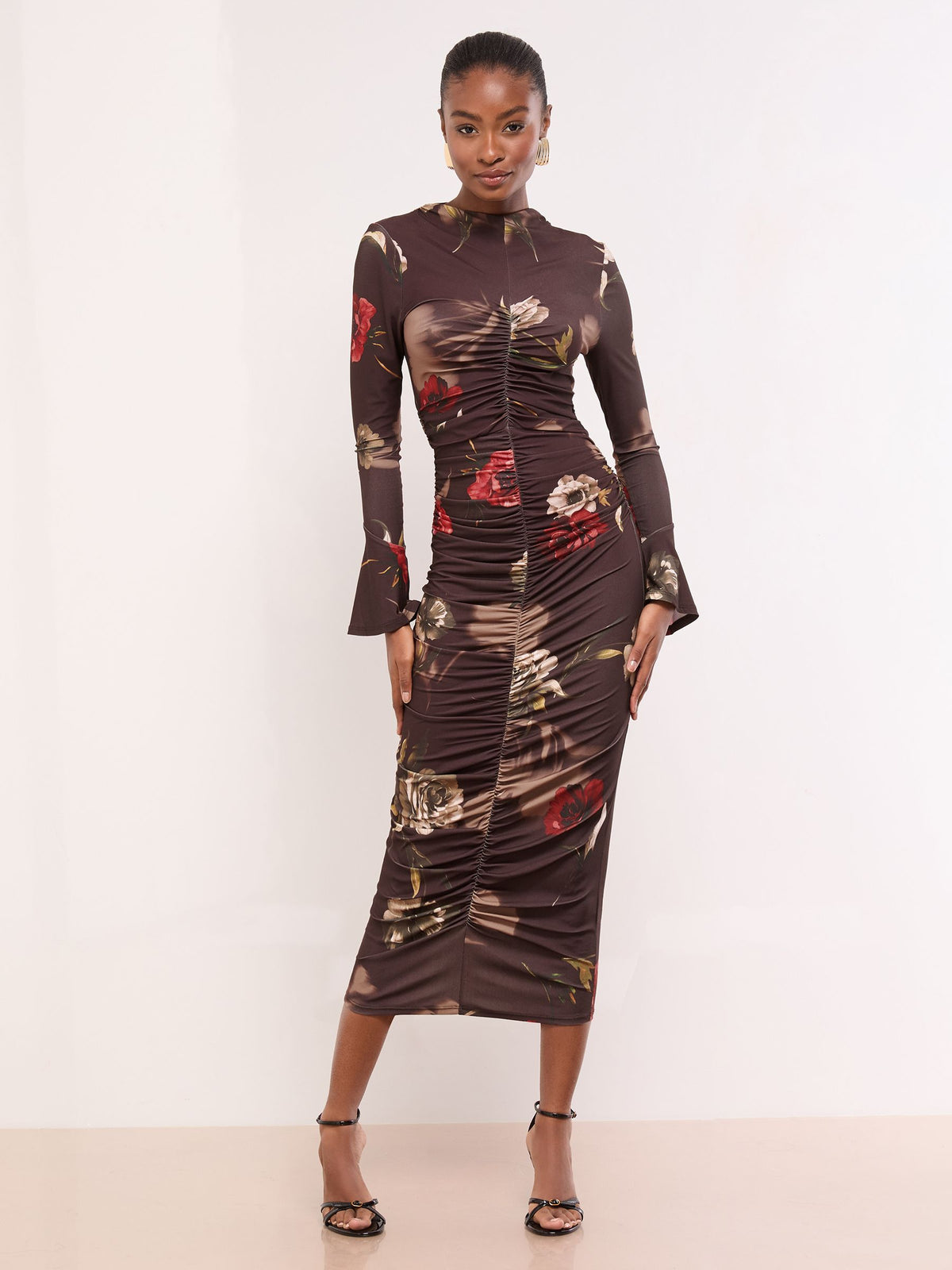 Lipsy Chocolate Brown Floral Long Sleeve Ruched Jersey Bodycon Dress