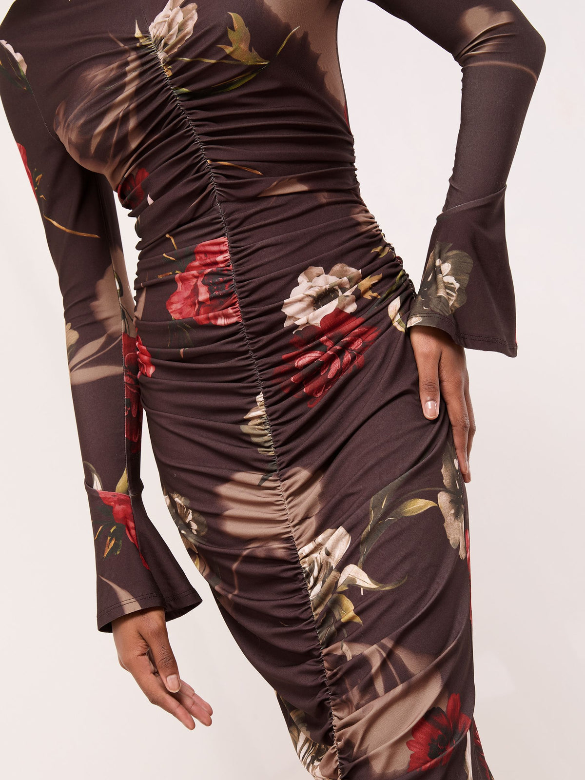 Lipsy Chocolate Brown Floral Long Sleeve Ruched Jersey Bodycon Dress