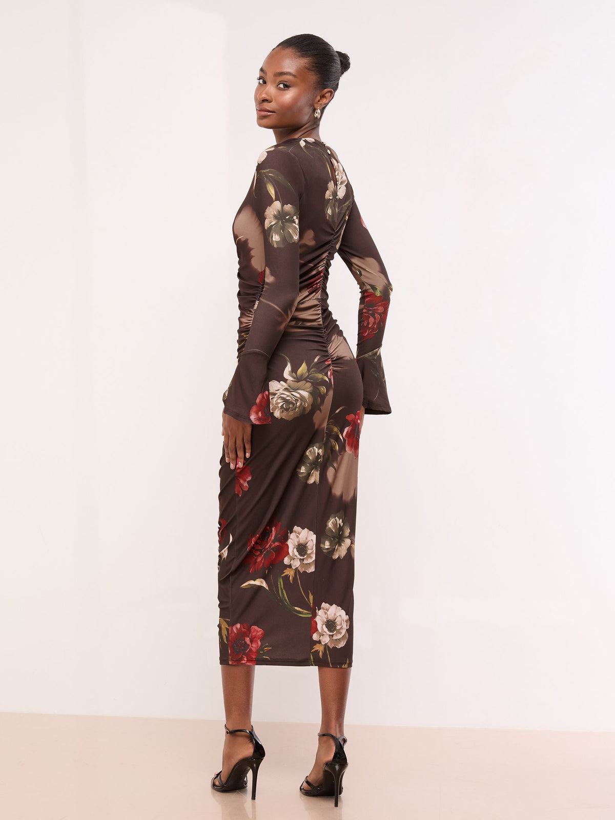 Lipsy Chocolate Brown Floral Long Sleeve Ruched Jersey Bodycon Dress