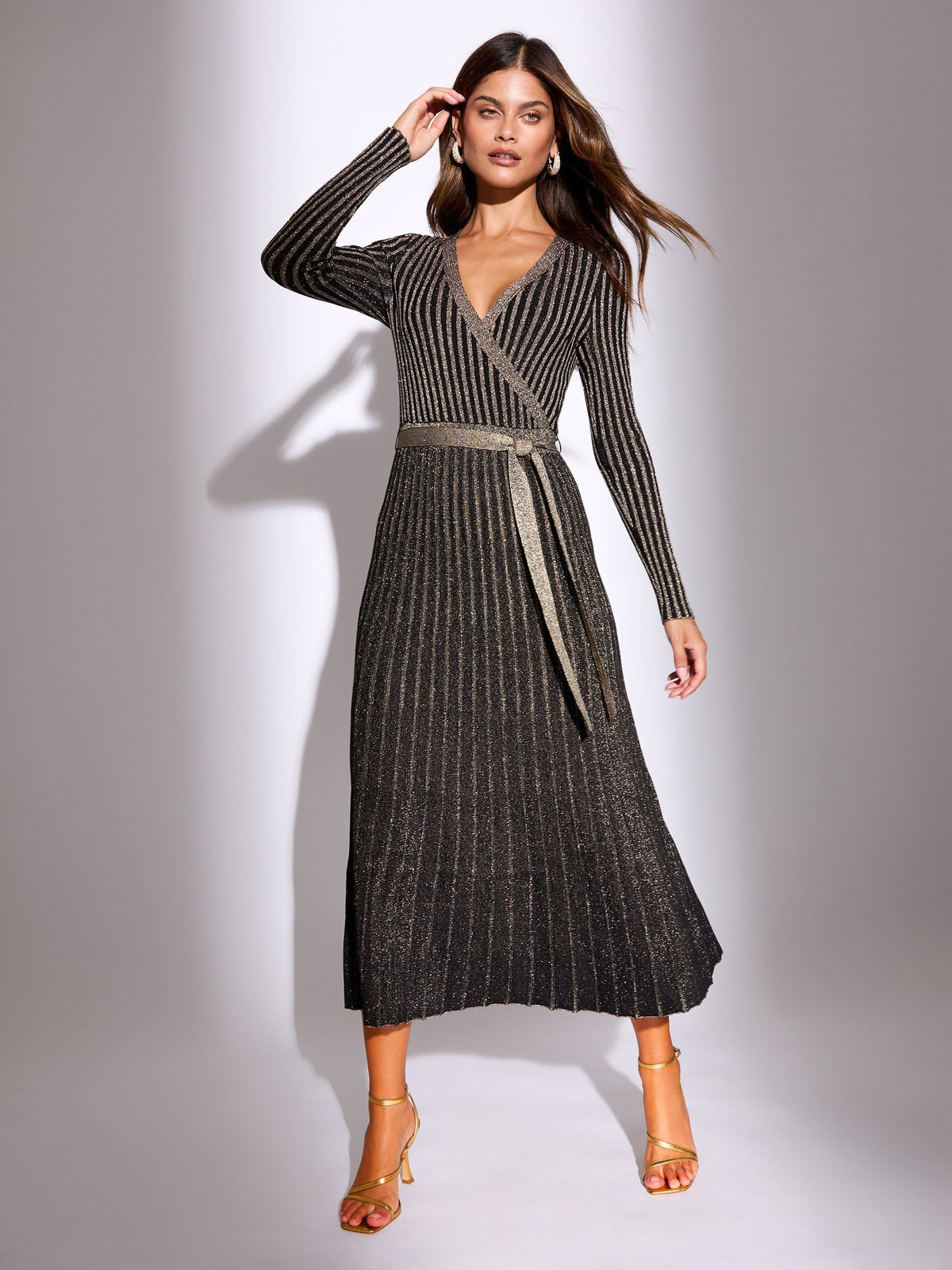 Lipsy Black/Gold Wrap Neck Belted Sparkle Knit Midi Dress